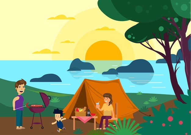 Вектор Иллюстрация концепции семейного месяца счастливая семья наслаждается походом в лес отцы ростбиф мать пьет сок, сын бегает и играет в векторный мультфильм в плоском стиле