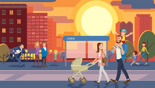 Family morning city walk cartoon vector concept