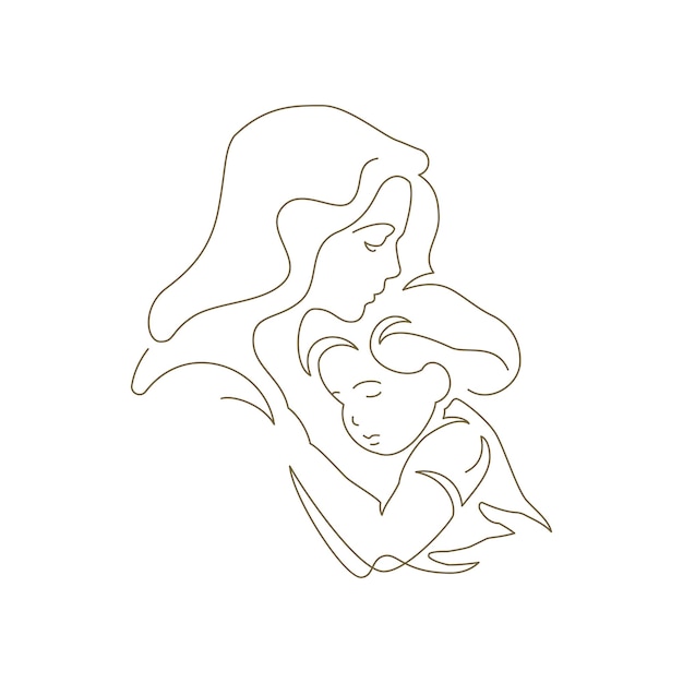 家族の母親と小さな赤ん坊の娘が愛の連続線アートのロゴのベクトル図でお互いに抱き合う子供を抱きしめる幸せな若いママは、母性を楽しむマタニティ輪郭シルエット