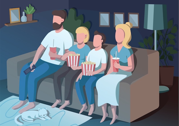 Colore piatto per la notte di film per famiglie. madre e padre guardano la tv con i bambini. routine familiare serale. genitori e bambini personaggi dei cartoni animati 2d con interni sullo sfondo