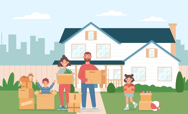 Vector family moving into new house parents and daughter carrying cardboard boxes with household stuff son sitting in carton