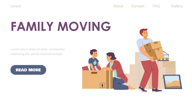 Family moving web page with cartoon characters flat vector illustration