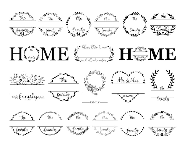 Family name monogram split set lettering the family welcome home sign wedding floral ornament wreath