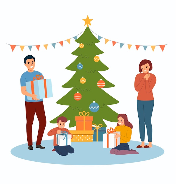 Family near the christmas tree  vector flat style illustration