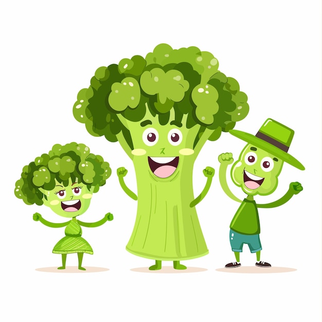 Vettore famiglia di personaggi di broccoli con emozioni felici