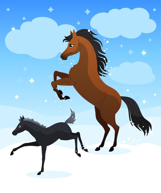 Вектор Семья лошадей кобыла и жеребенок зимой векторная плоская иллюстрация