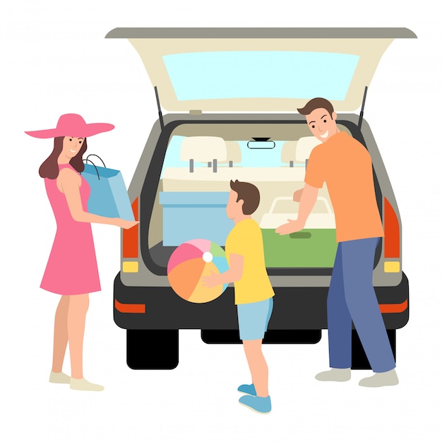 Vector family packing things into car trunk