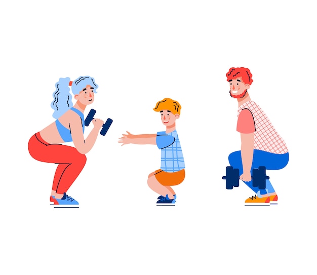 Family of parents and child doing squats with weights together, flat cartoon  illustration isolated on white background. Family morning sport workout.