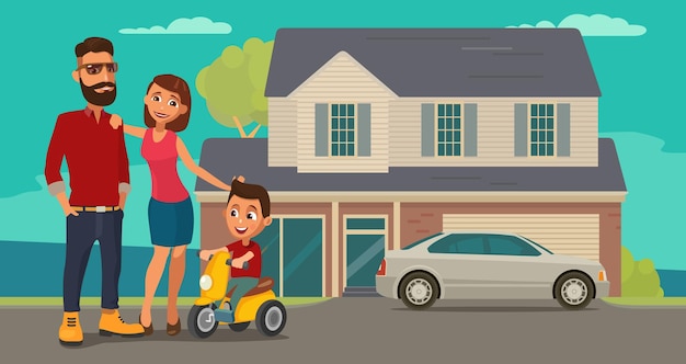 Family. parents, grandparents and child on a tricycle on background with house and car. color flat vector illustration