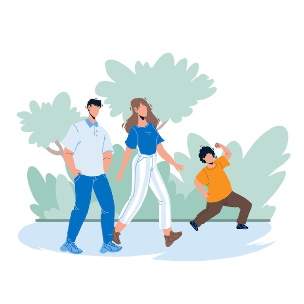 In Family Park Walking Parents With Child Vector. Father, Mother And Son Walk Together In Family Park. Characters Man, Woman And Boy Kid Happy Leisure Time Outdoor Flat Cartoon Illustration