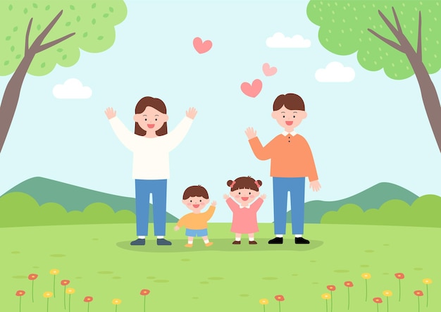 Famiglia nel parco con i cuori