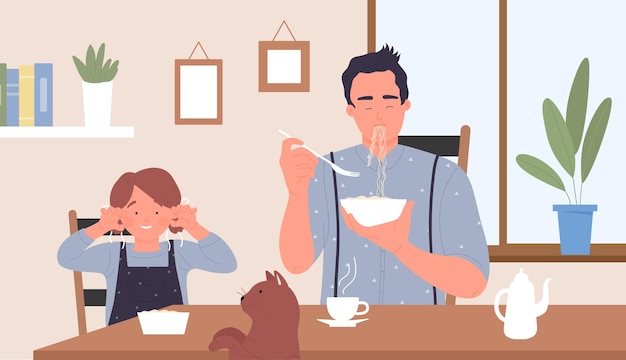 Family people eat breakfast child and cat sitting at table playing in kitchen interior