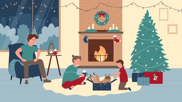 Persone di famiglia a casa nell'illustrazione di vacanze invernali di natale.