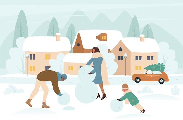 Family people making snowman in Christmas winter holiday  illustration.