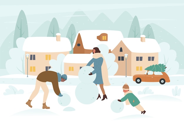 Family people making snowman in christmas winter holiday  illustration.