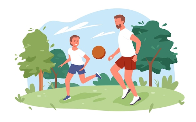 가족들은 도시의 자연 여름 공원 벡터 삽화에서 공을 씁니다. 낚시를 좋아하는 아버지와 아들