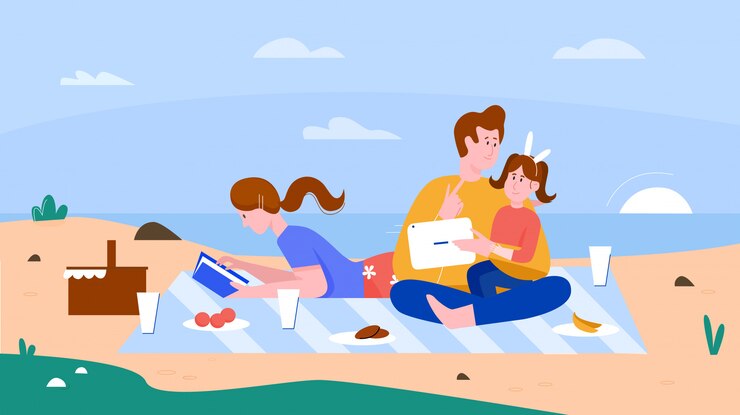 Vector family people on summer beach flat illustration. cartoon happy father and mother spend time together with girl kid on beach outdoor picnic, summertime travel vacation on beachside background