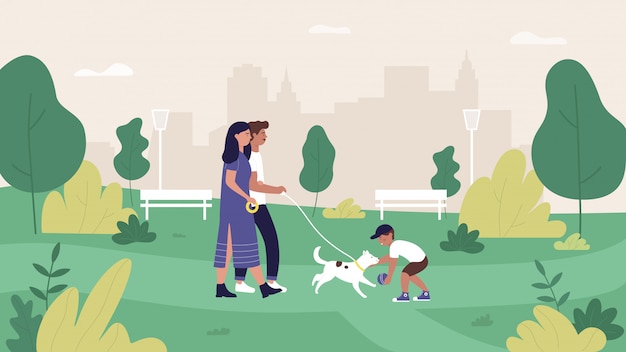 Vettore persone di famiglia nell'illustrazione del parco cittadino di estate, personaggi dei cartoni animati di madre, padre e figlio che camminano e giocano con il cane nel paesaggio del parco verde