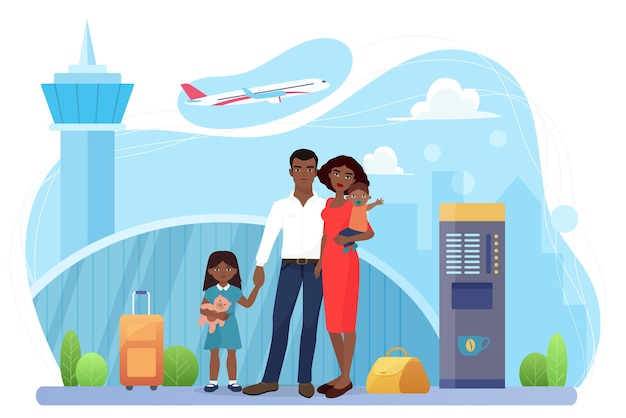 Семейные люди путешествуют с пассажирами авиаперевозок, стоящими в терминале аэропорта