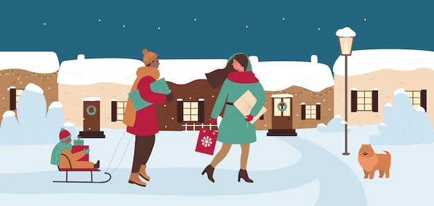 Family people walk snow city street buy gift for Christmas shopping for winter holiday