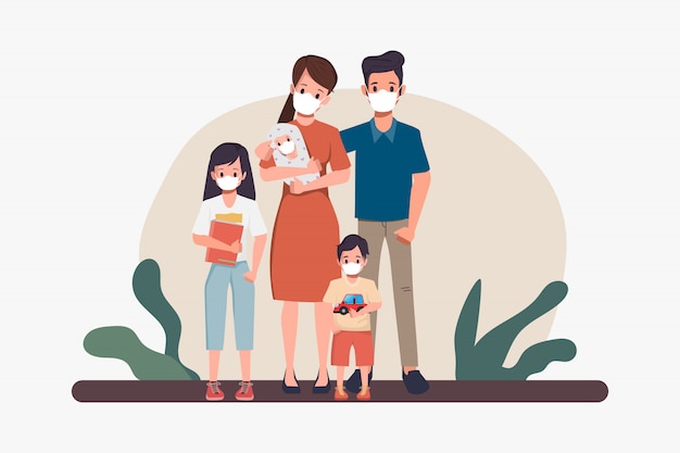 Family people wearing face mask. Coronavirus 2019-nCove prevention. New normal lifestyle concept.
