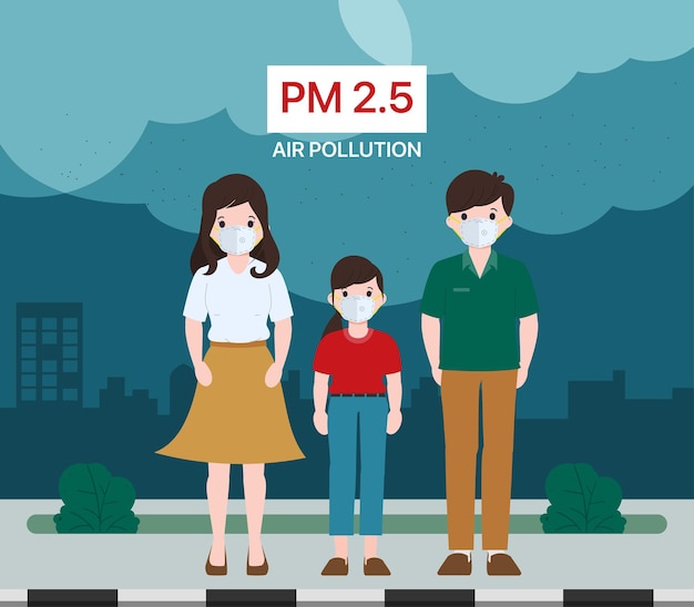 Vector family people wearing protective face mask when outdoor. air pollution concepts vector illustration.