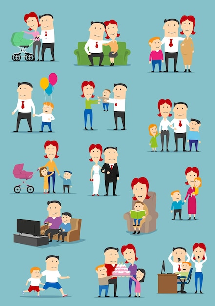 Famiglia con set di cartoni animati per bambini e ragazzi