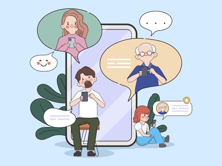 Vector 스마트폰 손으로 그린 낙서 만화 캐릭터와 이야기하는 그룹 채팅의 가족 사람들