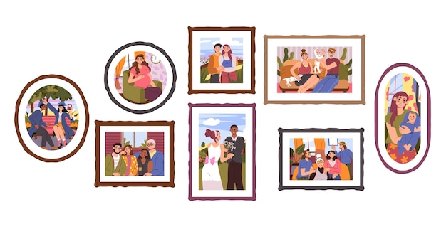 Family photo frames parents and babies pictures wall with memory portraits kids photographs wedding snapshot happy couple pregnant woman or mother with toddler vector cartoon set