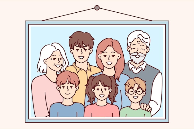 Family photo portrait in frame with children and grayhaired grandparents on wall Vector image