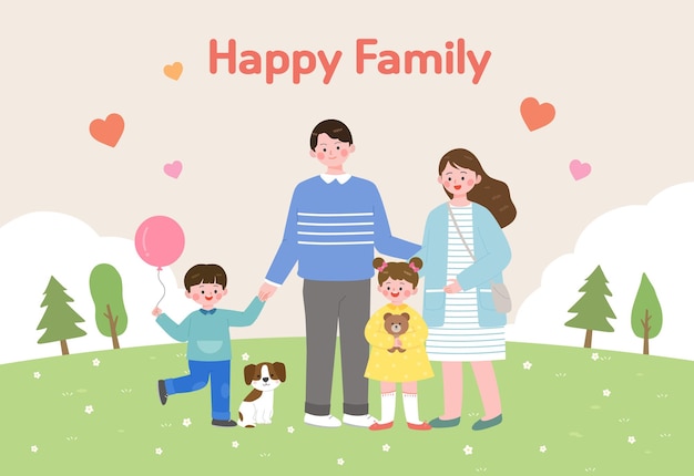 A family photo with a dog and the words happy family on it