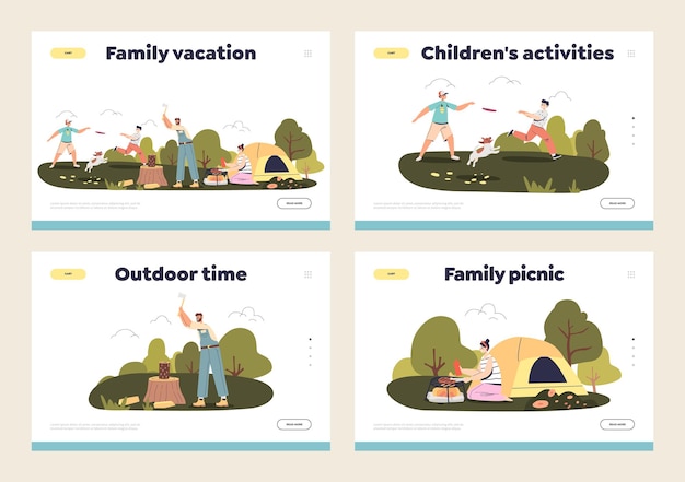 Family picnic and camping set of landing pages with kids and parents spending vacation outdoors at campsite in nature together. cartoon flat vector illustration