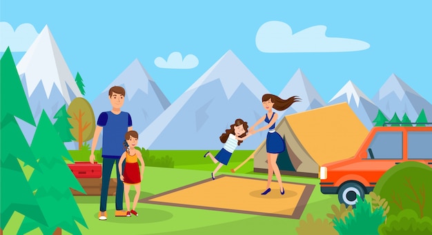 Family on Picnic, Camping Trip Vector Illustration
