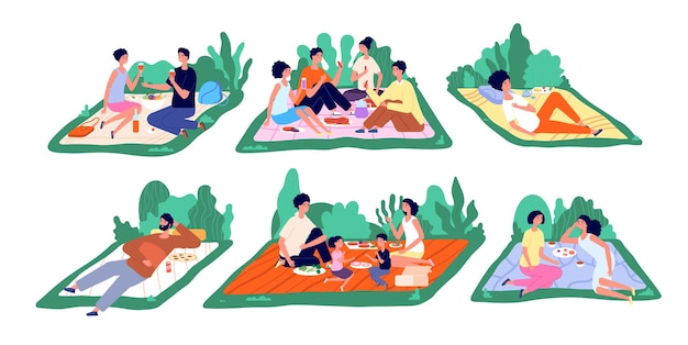 家族のピクニック楽しい自然のピクニックフラット家族が一緒に外で食べる漫画の人々はカップルの週末の公園のレクリエーション完全なベクトルの概念をリラックスします