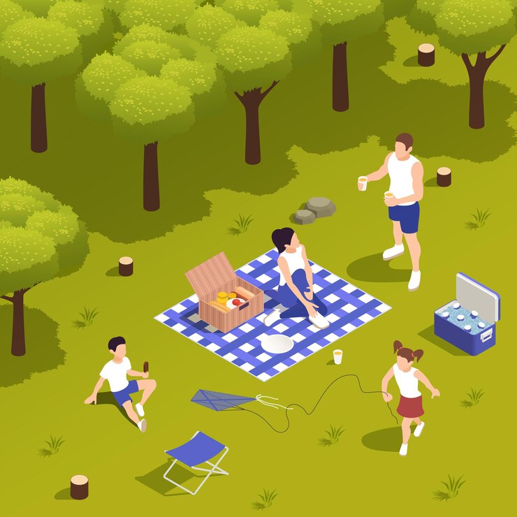 Vector family picnic on grass with cooling box food basket playing kids talking parents tablecloth isometric illustration