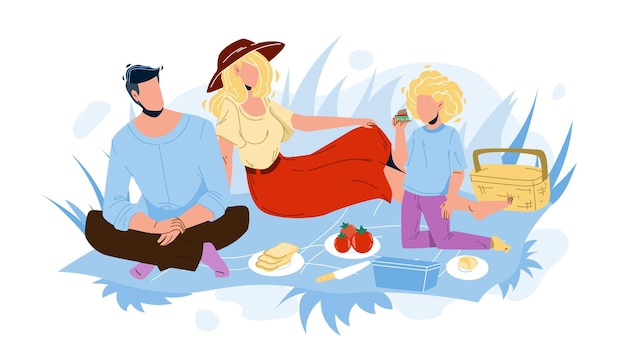 Family picnic man, woman and girl in nature vector. father, mother and daughter relaxing on family picnic. characters sitting on ground in park and eating food together flat cartoon illustration