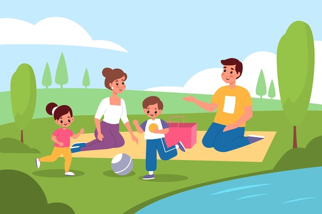 Vector family picnic in nature parents and kids walk in park people on lake shore summer landscape lunch outdoor happy mom and dad son and daughter together playing ball on grass vector cartoon concept