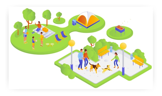 Famiglia in picnic nella natura che cammina con il cane nel parco illustrazione isometrica vettoriale piatta attività estiva all'aperto