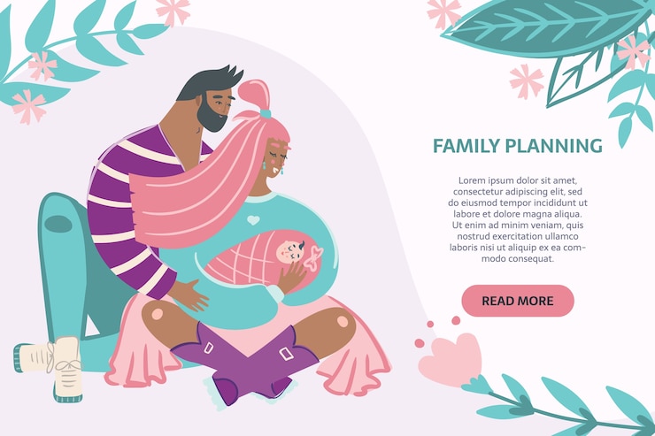 Vector family planning banner. man and woman hugging child