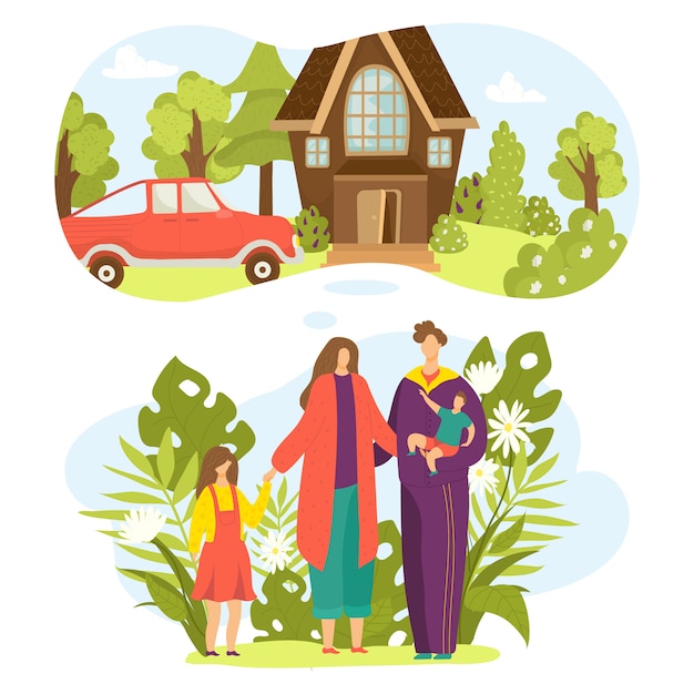 Family plans set,  illustration.  mother father children together  concept. House, car for happy parent and boy girl kid character. People planning lifestyle with home, vehicle.