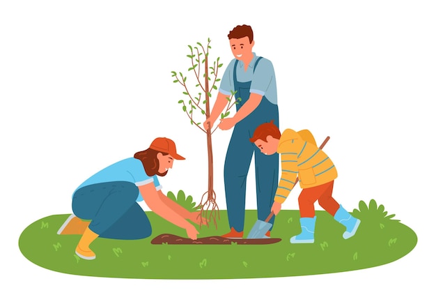 Family planting a tree outdoors