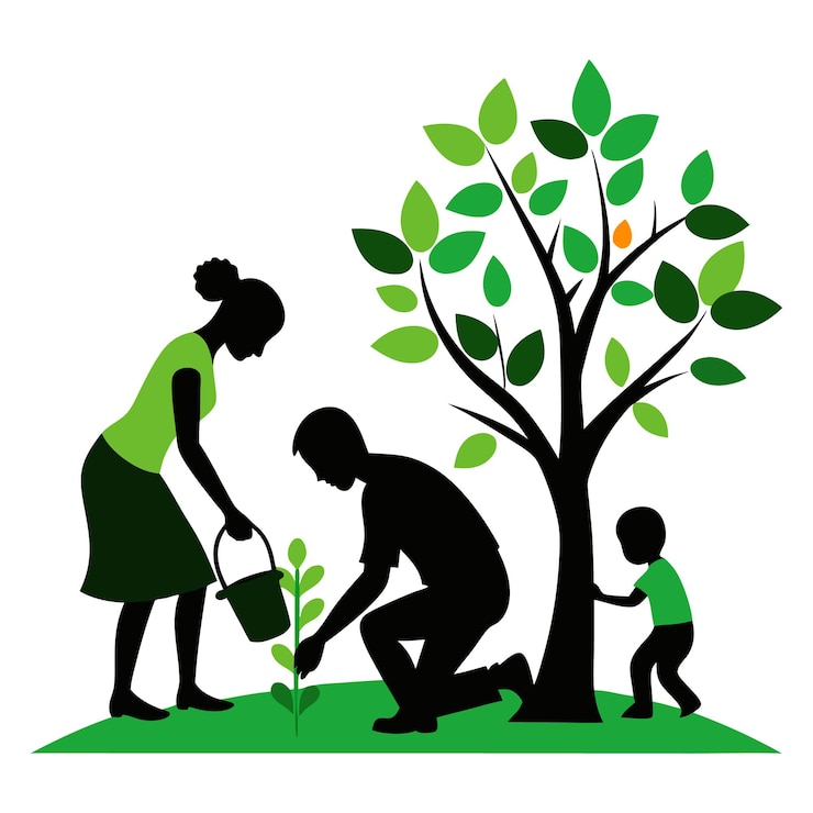 Vector family planting a tree silhouette vector