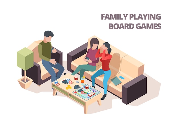 Family playing board game. cards monopoly chess home leisure playing vector isometric happy people. family game together, board play illustration