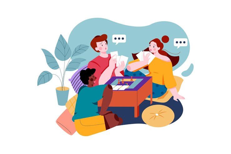 Vector family playing board game together