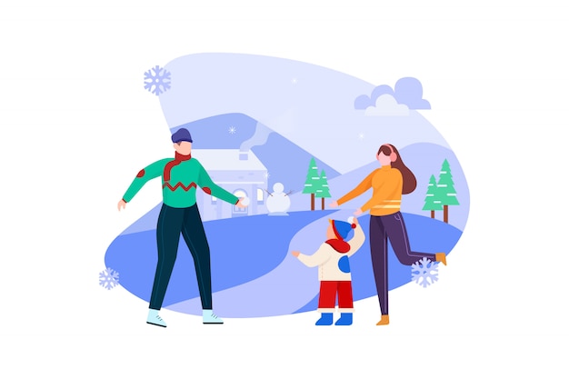 Family Playing on Winter Snow Day Illustration