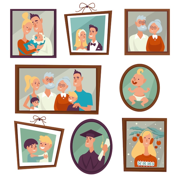 家族の肖像画と壁のフレームの写真