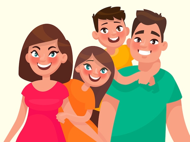 Family portrait. mom dad daughter and son. vector illustration in cartoon style