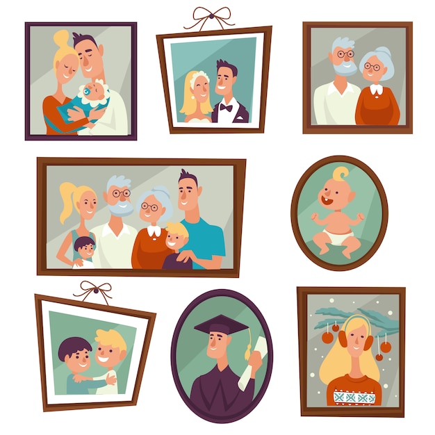 Family portrait and photo in frames on wall