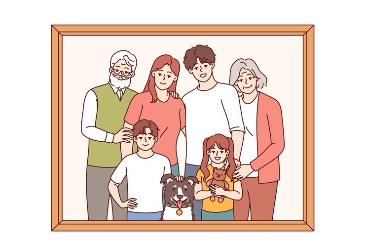 Vector 記憶に残る写真のためにポーズをとる犬と一緒に子供と孫と一緒に引退した家族の肖像画