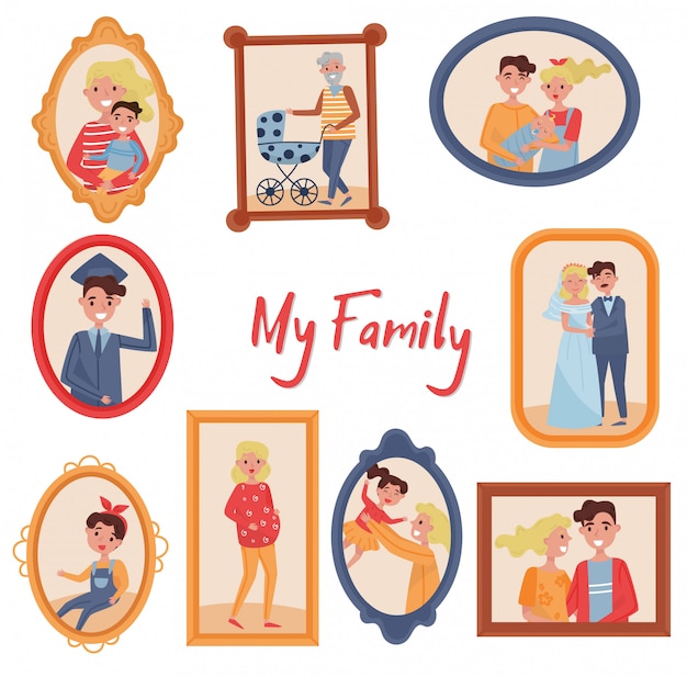 Family portraits set, photo of family members in wooden frames  illustrations on a white background